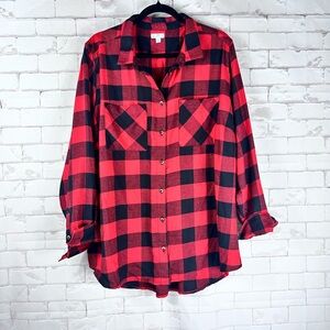 Dip Shirt Women’s Long Sleeve Button Heavy Flannel Red Black Plaid Shacket | 2X